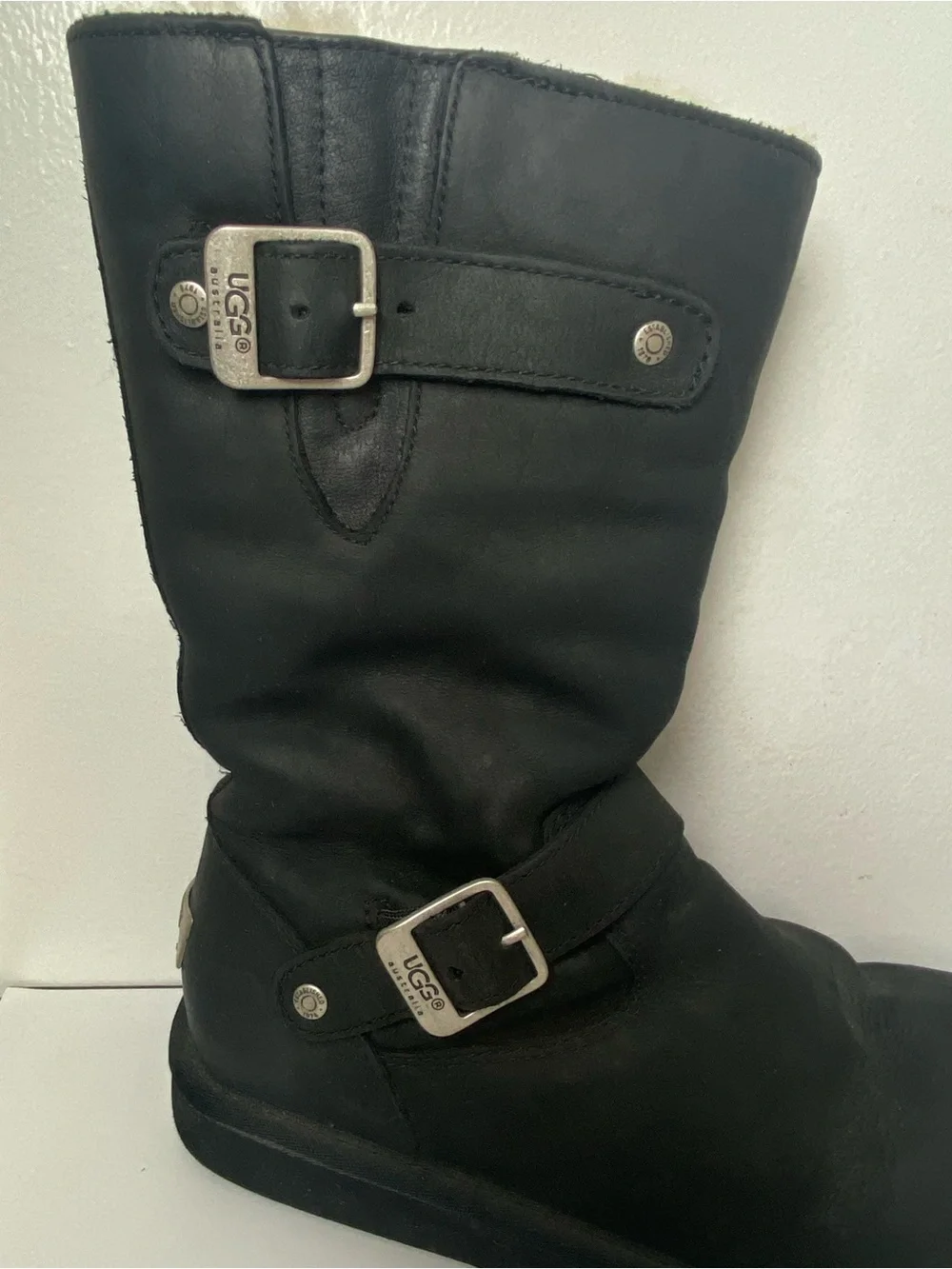 UGG Kensinton Women's Black Leather Moto Shearling-Lined Biker Boots